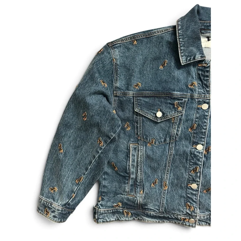 Avec Les Filles Horse Embroidered Denim Trucker Jacket Jean Blue Women's Size L
